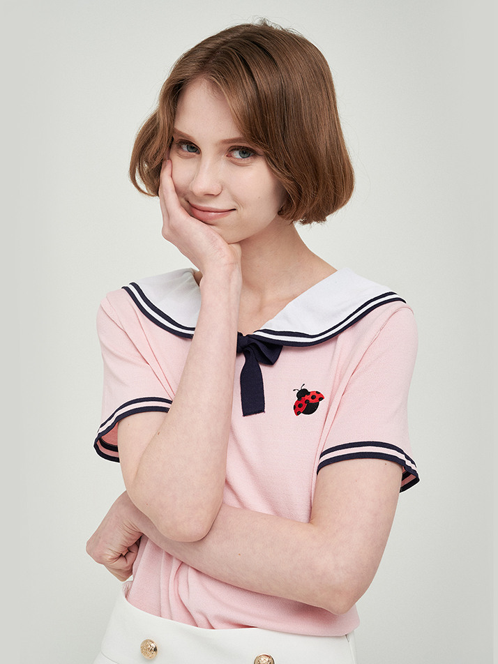 Sailor Collar H/Sleeve Knit- Pink