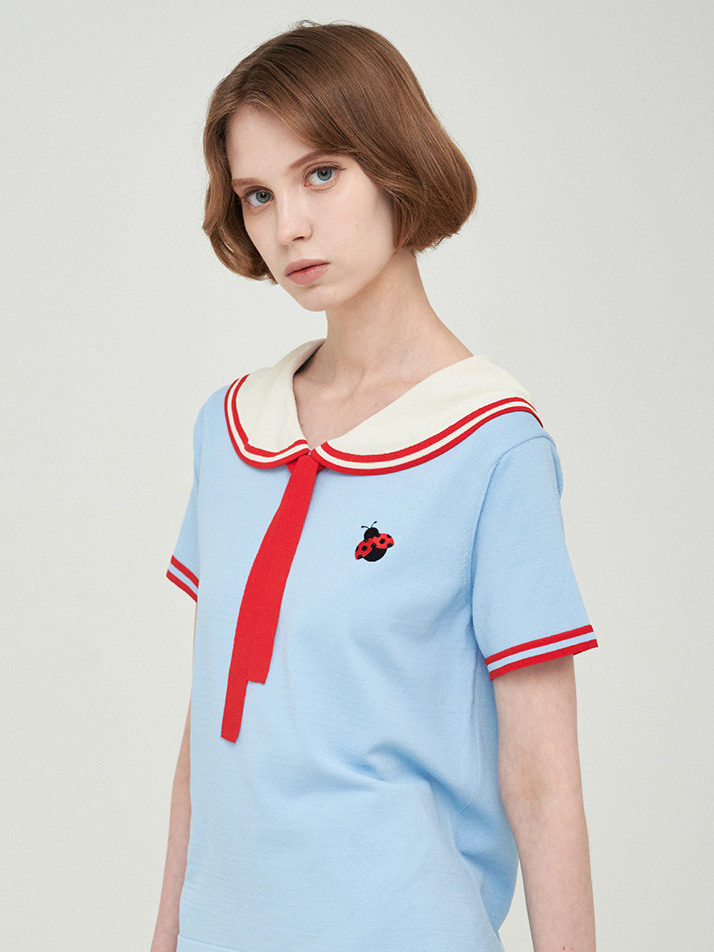 Sailor Collar H/Sleeve Knit- Skyblue