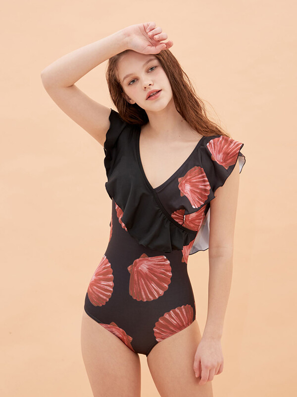 셸 프릴 모노키니 블랙