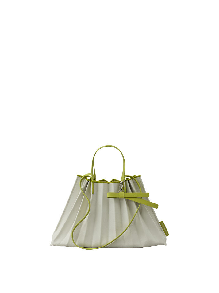 Lucky Pleats Canvas Coated Shopper L with Ribbon Lime