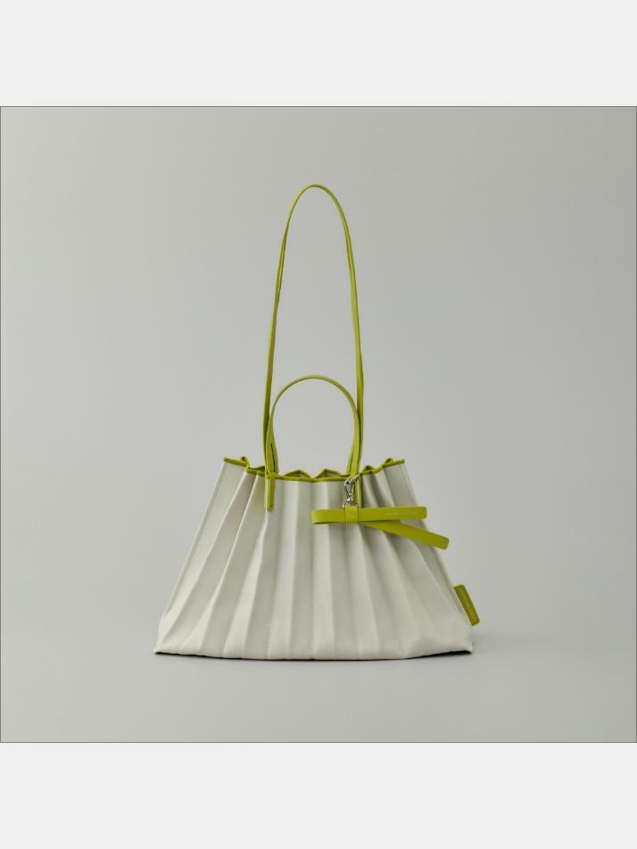 Lucky Pleats Canvas Coated Shopper L with Ribbon Lime