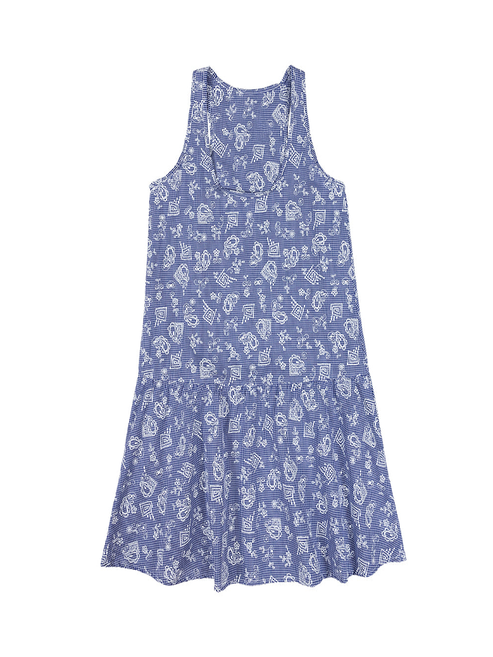 (여) 로맨틱 깅엄 홈 슬립 드레스, 블루