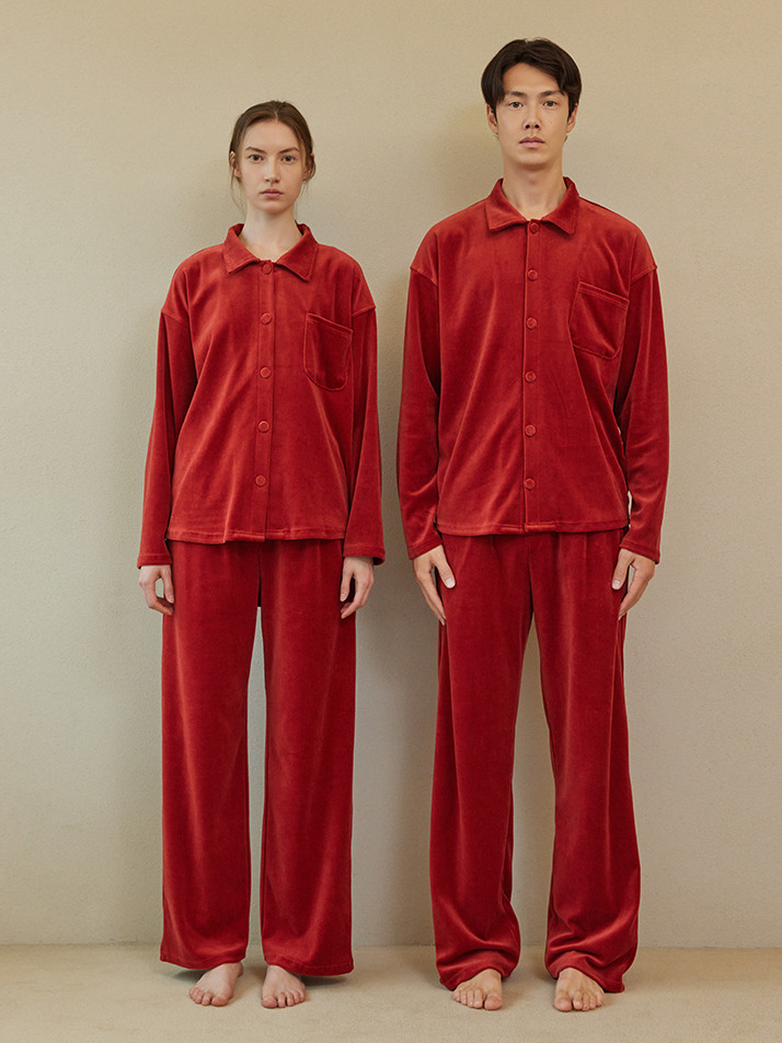 VELOUR PAJAMA COUPLE SET_carmine red