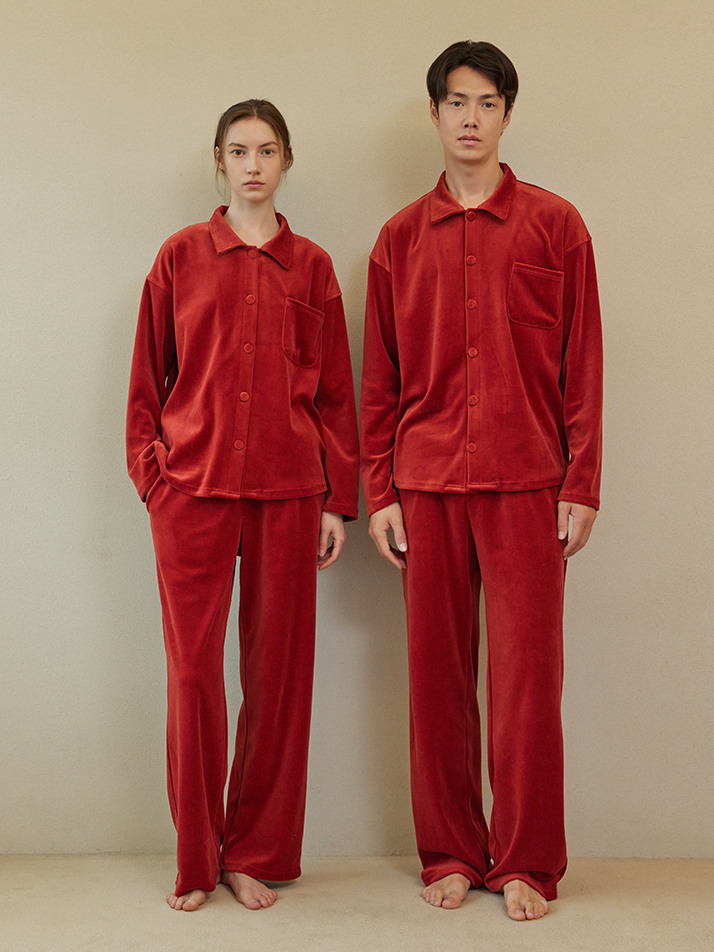 VELOUR PAJAMA COUPLE SET_carmine red