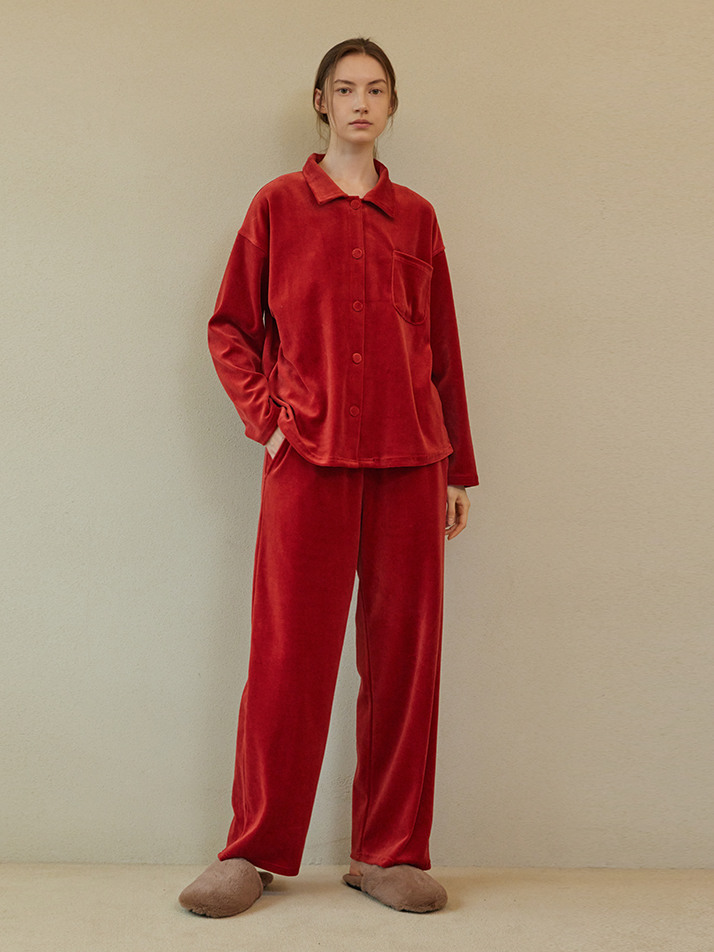 VELOUR PAJAMA COUPLE SET_carmine red