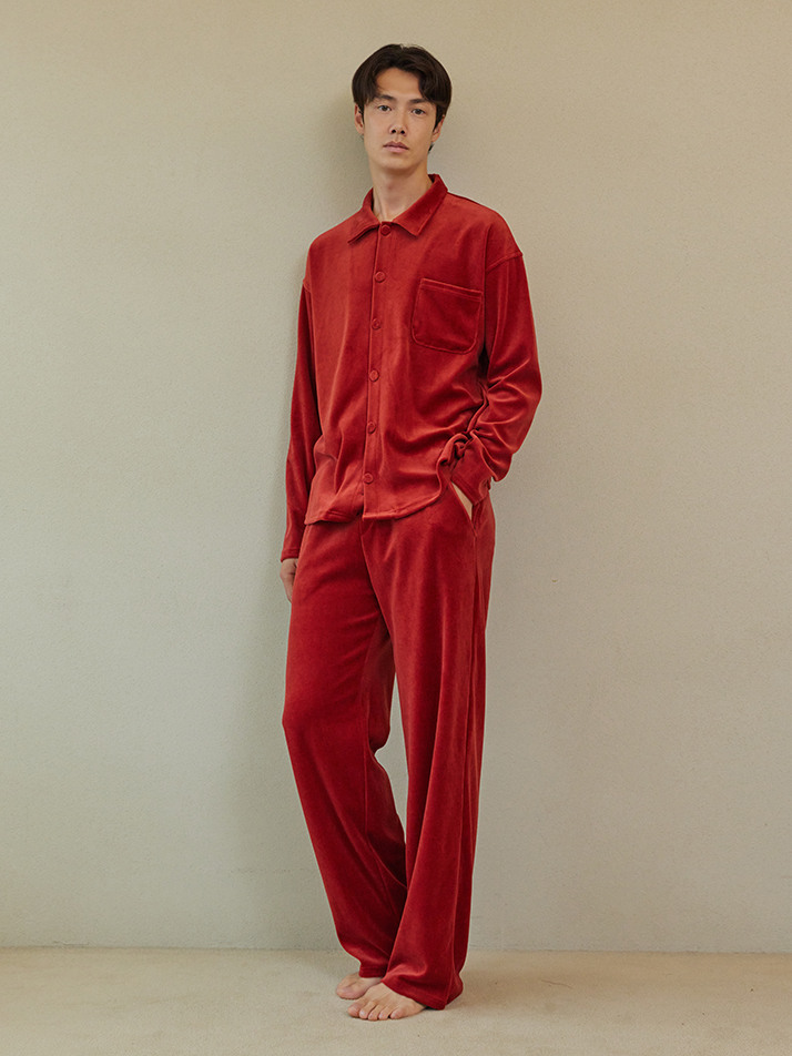 VELOUR PAJAMA COUPLE SET_carmine red