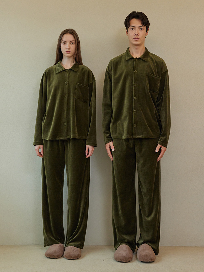 VELOUR PAJAMA COUPLE SET_olive