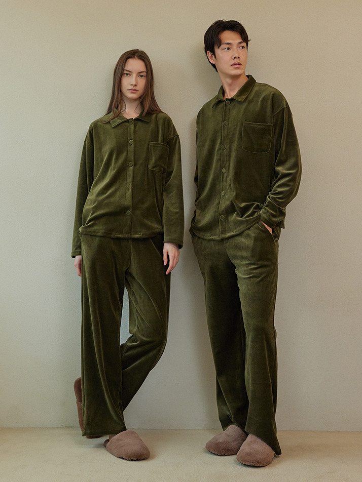 VELOUR PAJAMA COUPLE SET_olive