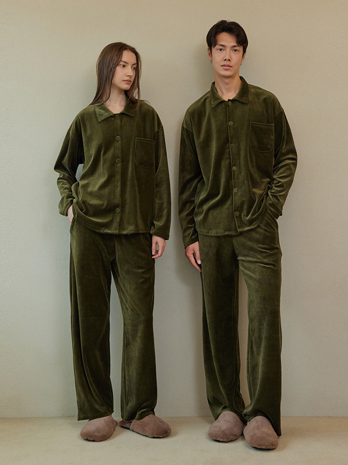 VELOUR PAJAMA COUPLE SET_olive