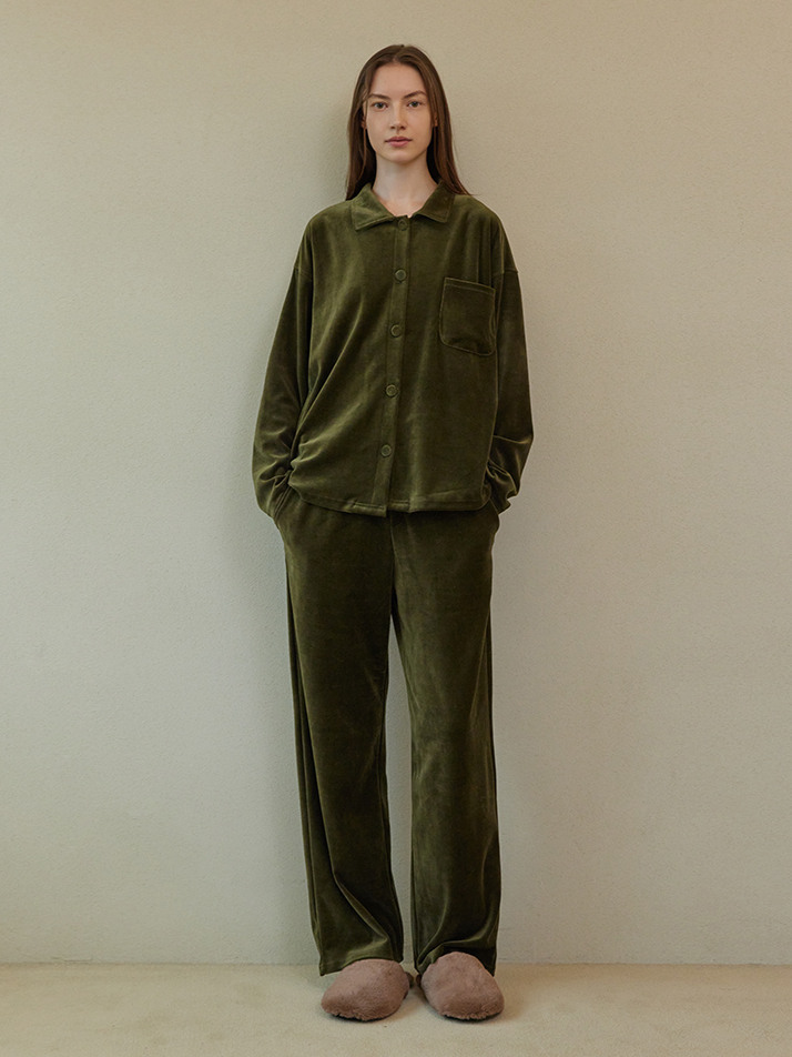 VELOUR PAJAMA COUPLE SET_olive