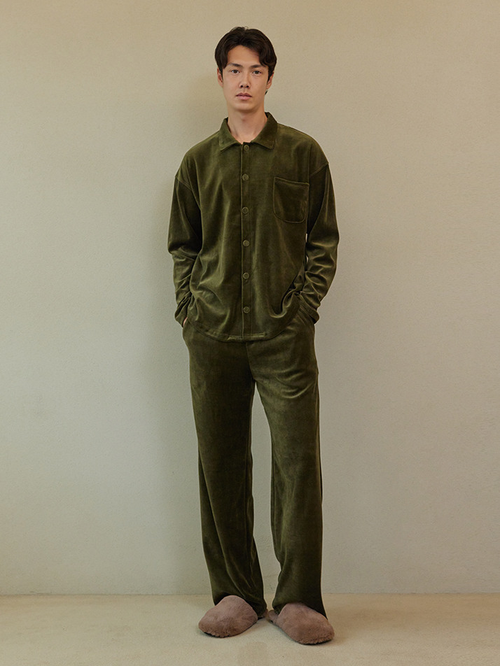 VELOUR PAJAMA COUPLE SET_olive