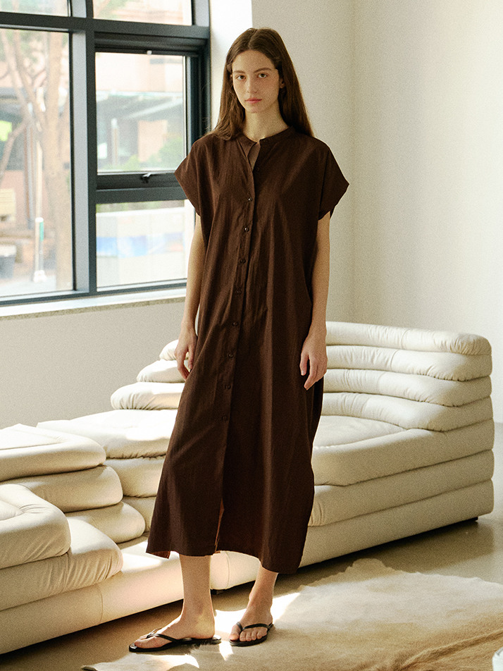 NOCOLLAR SHIRT LONG ONEPIECE_brown