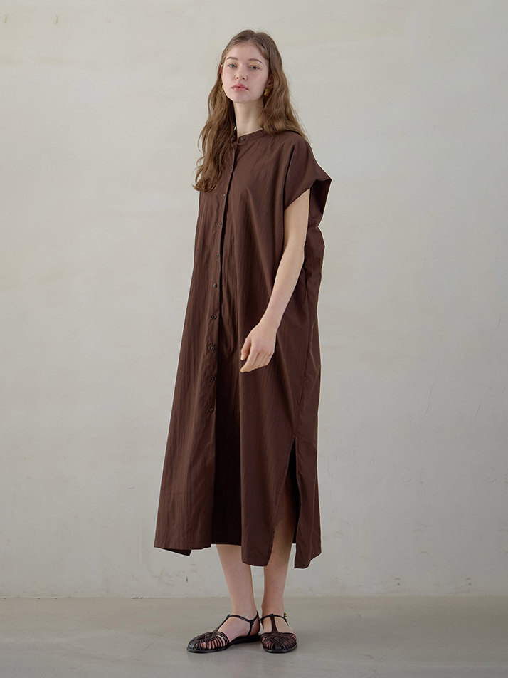 NOCOLLAR SHIRT LONG ONEPIECE_brown