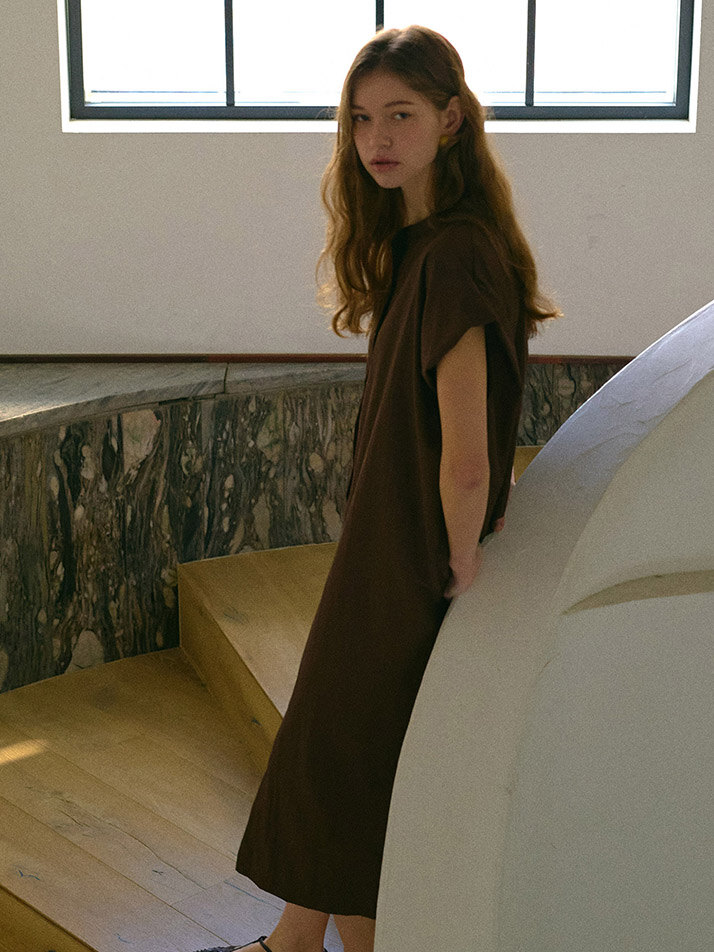 NOCOLLAR SHIRT LONG ONEPIECE_brown