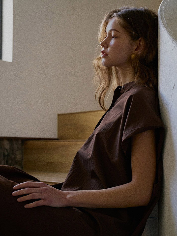 NOCOLLAR SHIRT LONG ONEPIECE_brown