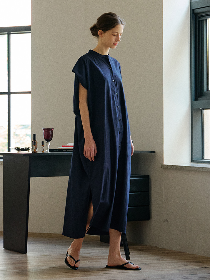 NOCOLLAR SHIRT LONG ONEPIECE_navy
