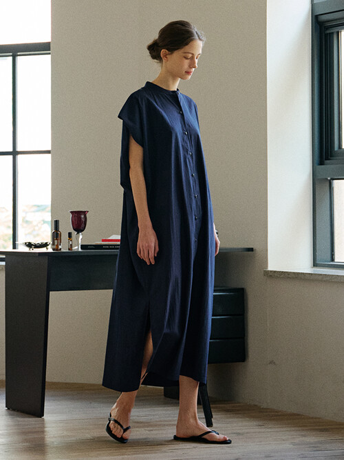 NOCOLLAR SHIRT LONG ONEPIECE_navy