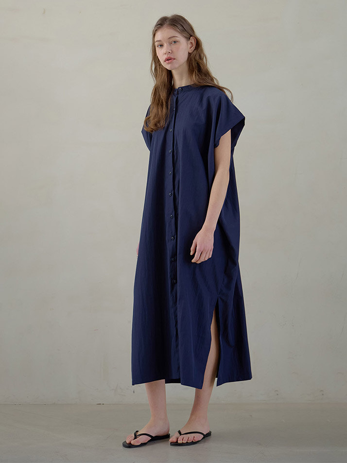 NOCOLLAR SHIRT LONG ONEPIECE_navy