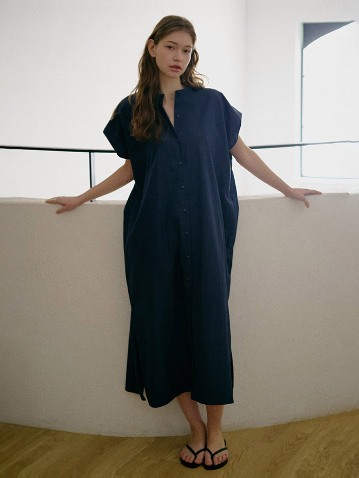 NOCOLLAR SHIRT LONG ONEPIECE_navy