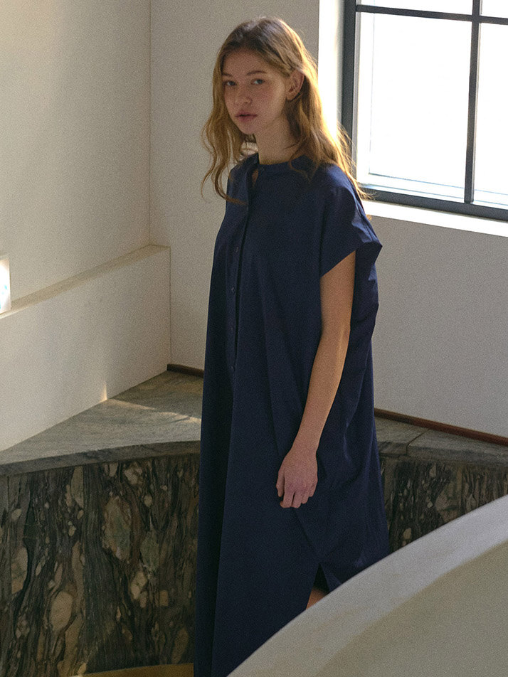 NOCOLLAR SHIRT LONG ONEPIECE_navy
