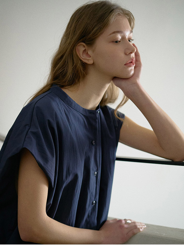 NOCOLLAR SHIRT LONG ONEPIECE_navy