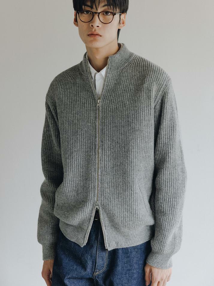 Wool Full zip-up Knit Sweater (Gray)