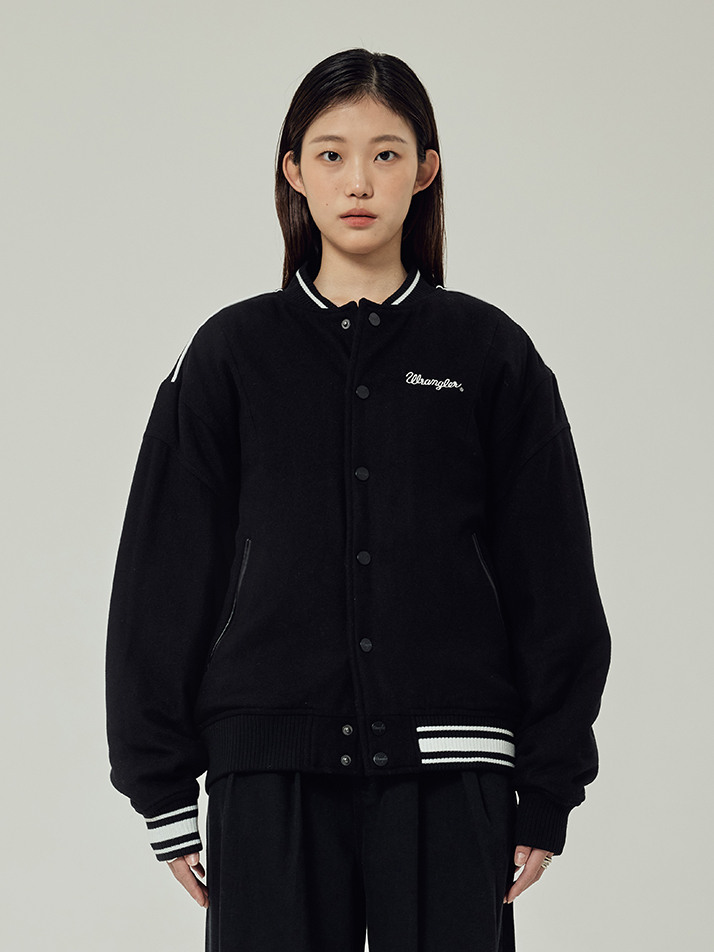 유니 세미오버 멜튼 울 바시티 자켓 블랙