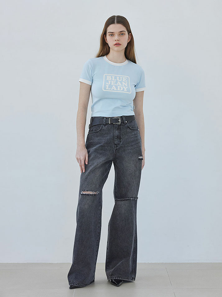 우먼즈 베이비 블루진 링거 반팔티셔츠 스카이 블루