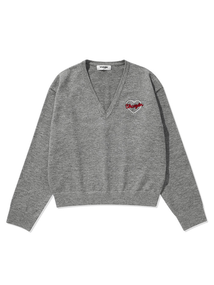 (W) Logo Embroidered V-Neck Sweater Melange Grey