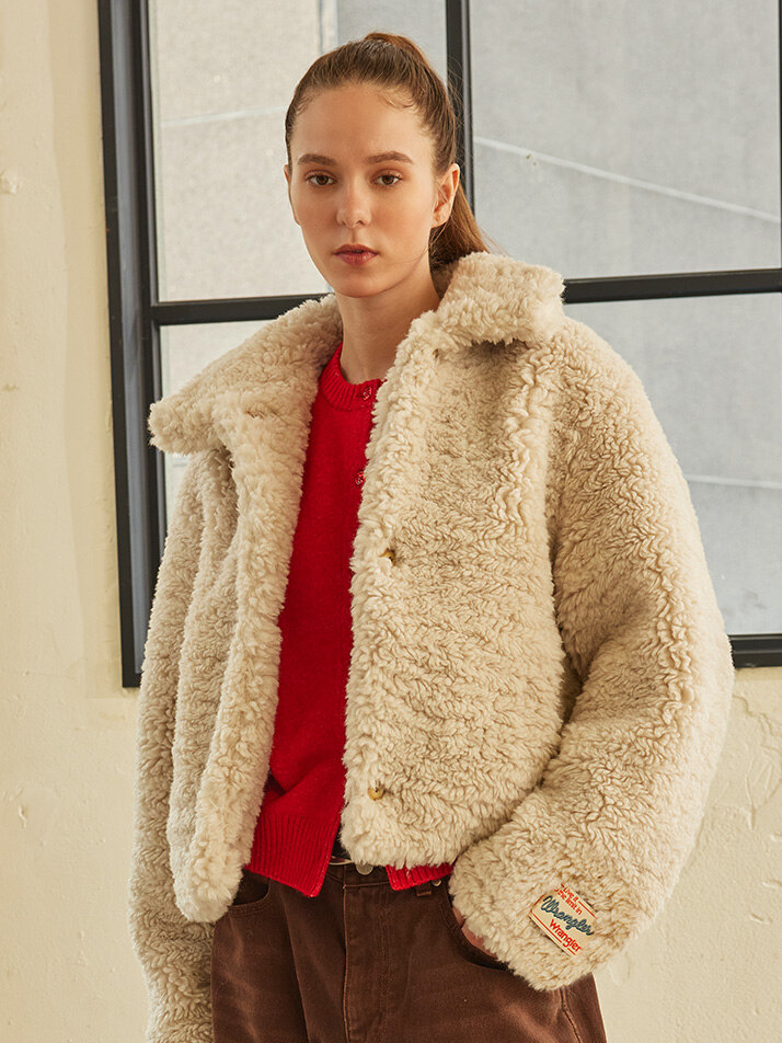 (W) Eco Fur Cropped Jacket Beige