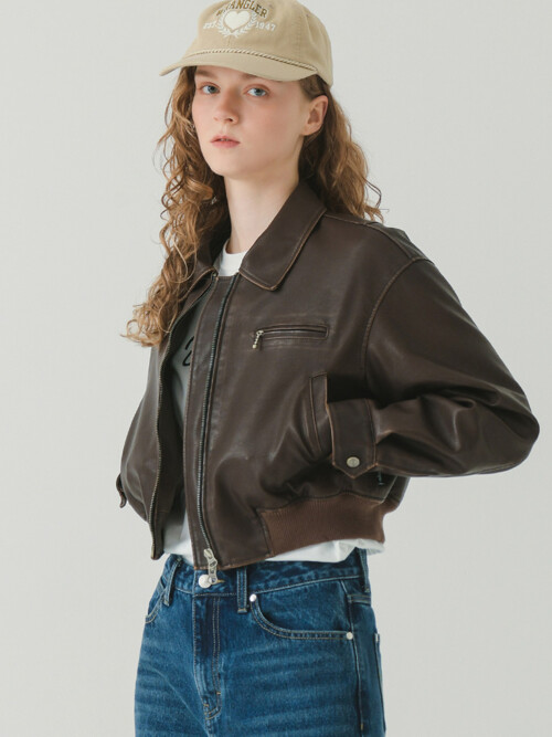 (W) Eco-Leather Quilted Cropped Jacket Brown