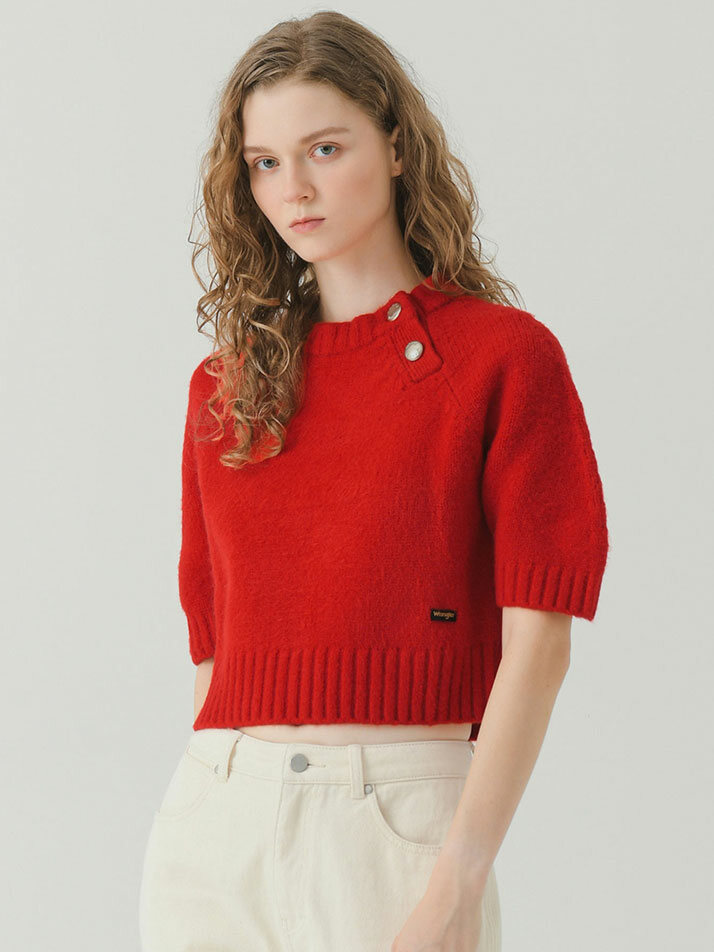 (W) Button Short-Sleeved Sweater Red