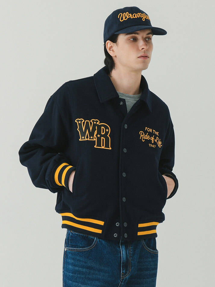 Embroidered Quilted Varsity Jacket Navy