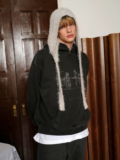 Garment Dyeing Baker Print Hoodie_Chacoal