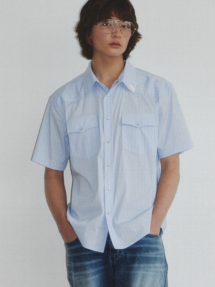 Western Stripe Pattern Shirt_Sky Blue