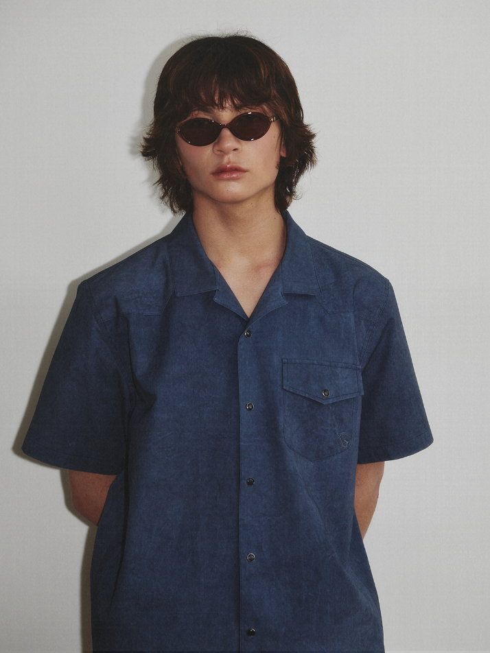 Western Dyed Milling Open Collar Shirt_Navy