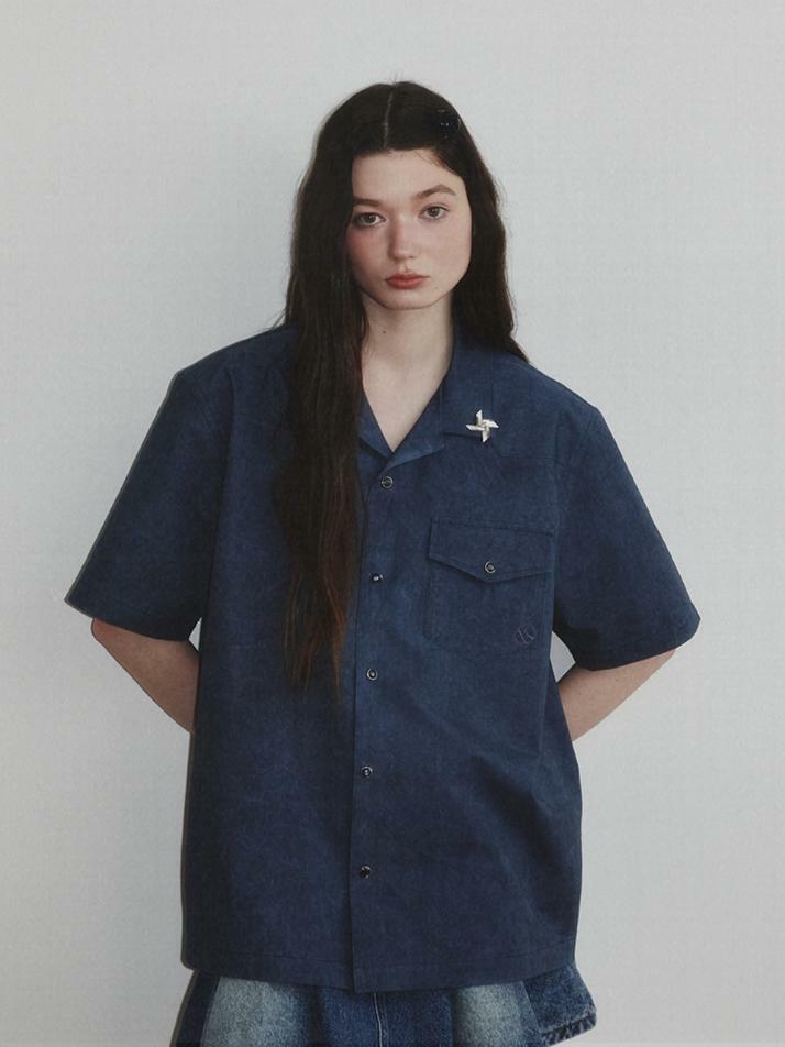 Western Dyed Milling Open Collar Shirt_Navy_W