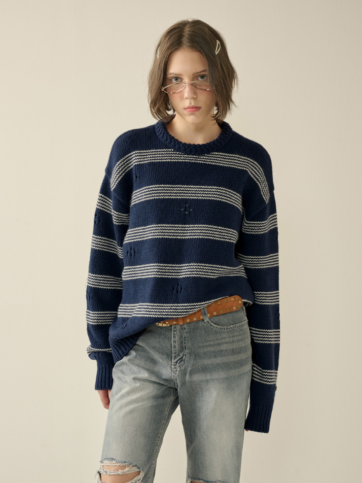 Punching Stripe Sweater_Navy_W