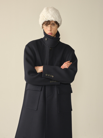 Oversized Out Pocket Felt Mac Coat_Navy