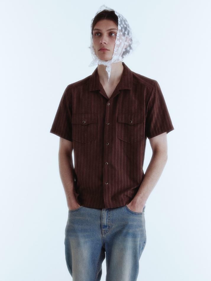 Vein Double Pocket Open Collar Shirt_Brown