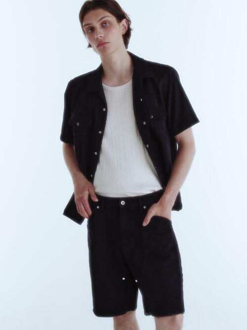 Vein Double Pocket Open Collar Shirt_Black