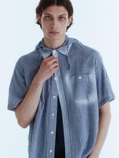Gingham Check Spray Hoodie Shirt_Navy