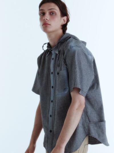 Gingham Check Spray Hoodie Shirt_Black