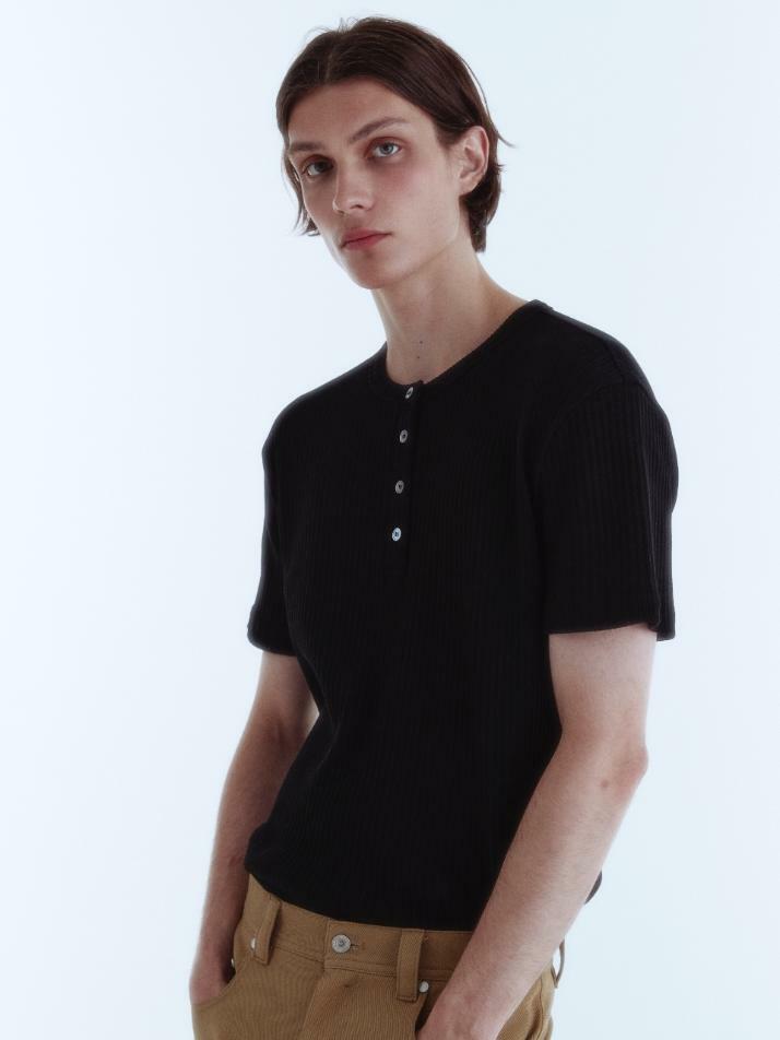 Wale Cotton Henley Neck Top_Black