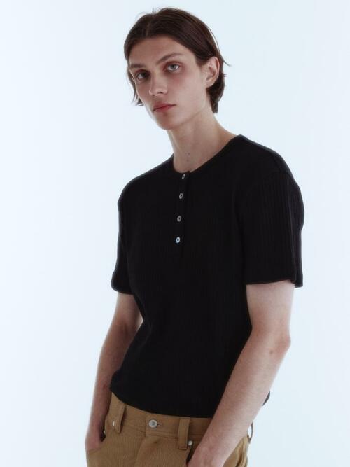 Wale Cotton Henley Neck Top_Black