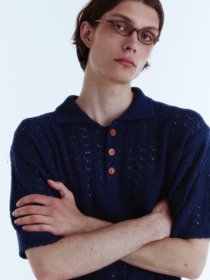 Crochet Knit Pique Shirt_Royal Navy