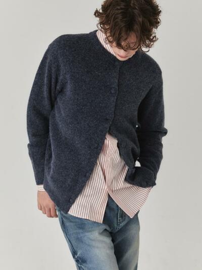 Brushed Wool Round Neck Cardigan_Ash Blue