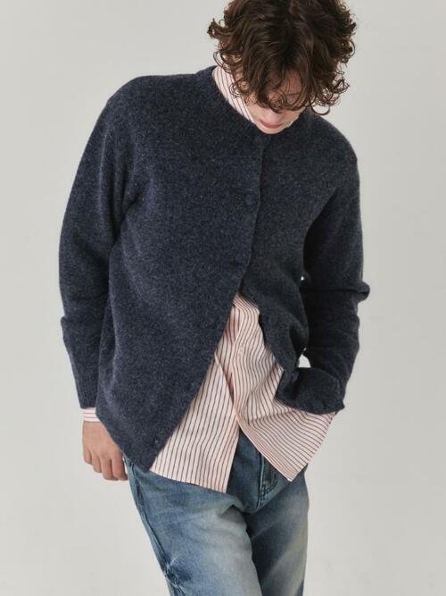 Brushed Wool Round Neck Cardigan_Ash Blue