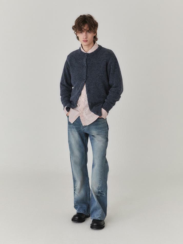 Brushed Wool Round Neck Cardigan_Ash Blue