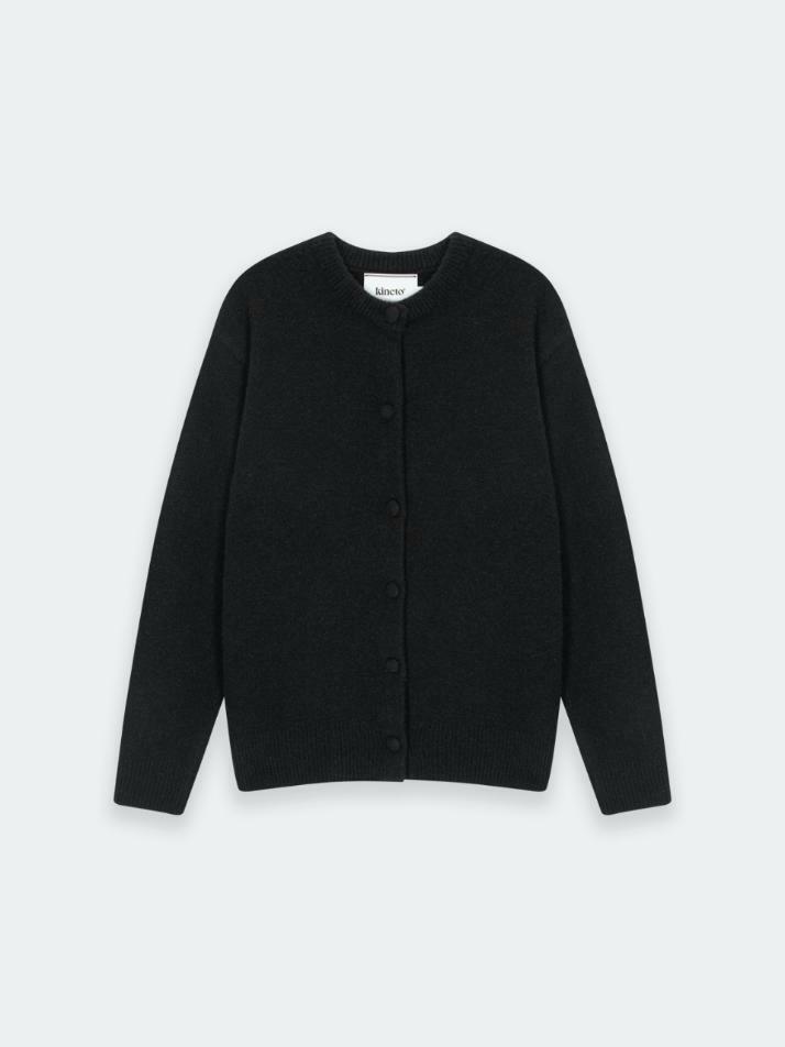 Brushed Wool Round Neck Cardigan_Black